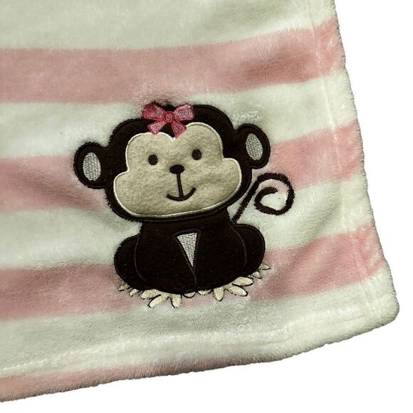 SNUGLY BABY Pink White Striped Print Fleece Monkey Bow Blanket Lovey HTF - Picture 2 of 6